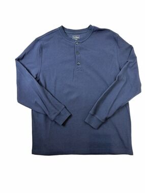 LL Bean Shirt Mens Large Waffle Knit Thermal Blue Button Traditional Fit Outdoor